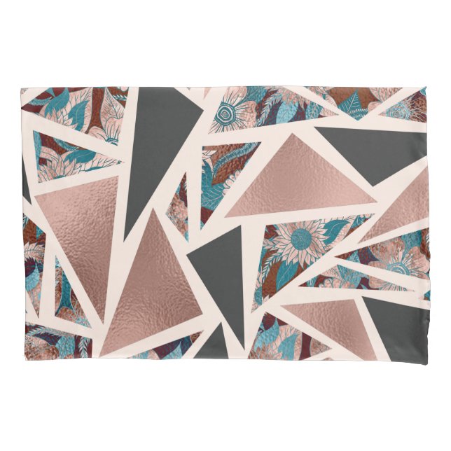 Chic Rose Gold Copper Teal Black Floral Geometric Pillowcase (Front)