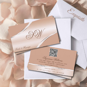 Chic Rose Gold Coral Curved Lines Monogram QR Code Business Card
