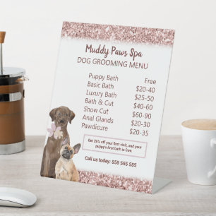 Chic Rose Gold Dog Grooming Menu Customisable Pedestal Sign