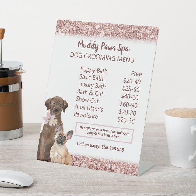 Chic Rose Gold Dog Grooming Menu Customisable Pedestal Sign (In SItu)