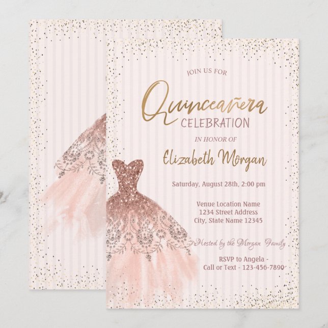 Chic Rose Gold Dress Confetti Stripes Quinceañera Invitation (Front/Back)