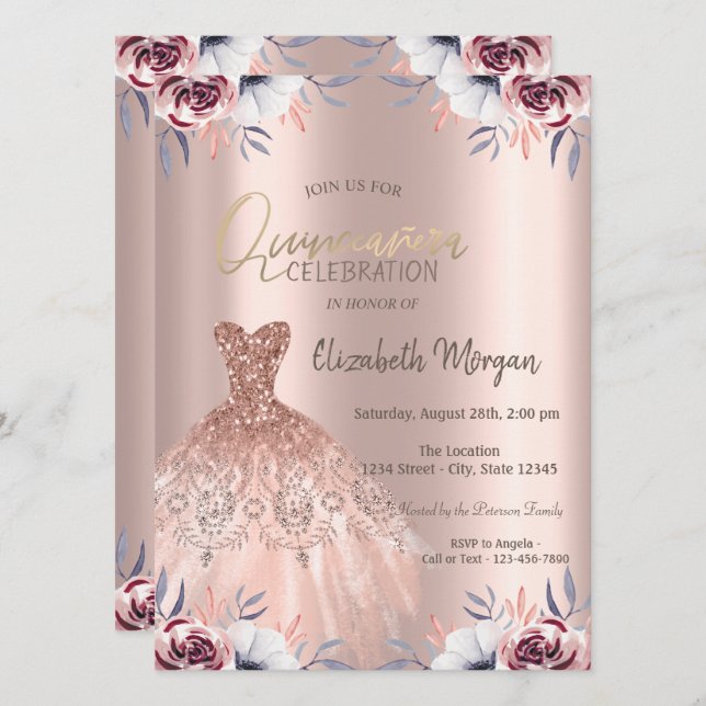 Chic Rose Gold Dress Floral Quinceañera Invitation (Front/Back)