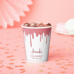 Chic Rose Gold Drip Glitter Sweet 16 Birthday Paper Cups