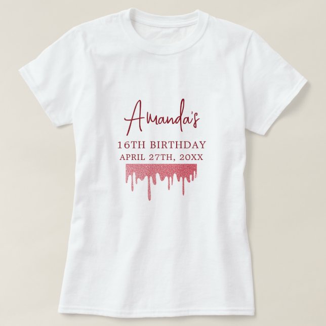 Chic Rose Gold Drip Glitter Sweet 16 Birthday T-Shirt (Design Front)