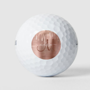 Chic Rose Gold Dripping Brushed Metal Monogram Golf Balls
