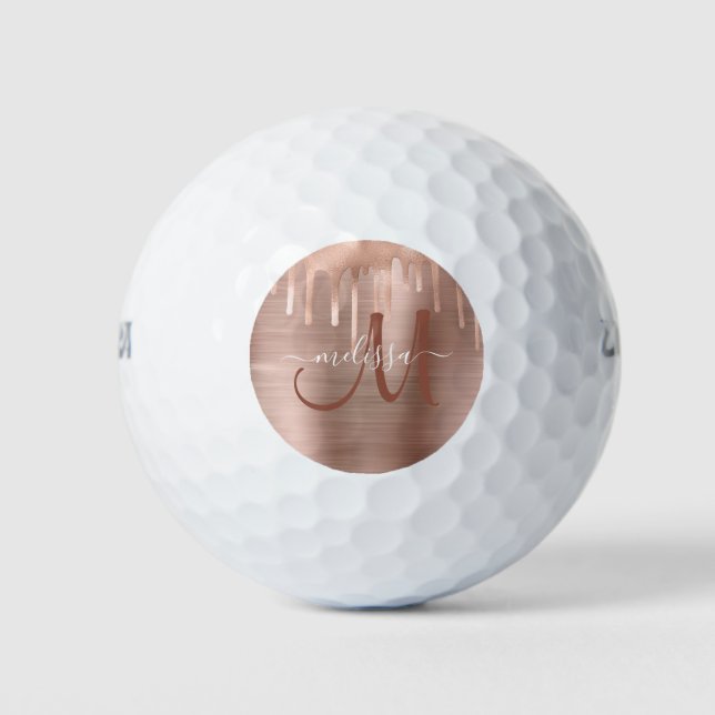 Chic Rose Gold Dripping Brushed Metal Monogram Golf Balls (Front)