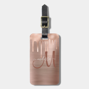 Chic Rose Gold Dripping Brushed Metal Monogram Luggage Tag