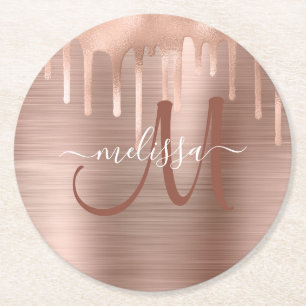 Chic Rose Gold Dripping Brushed Metal Monogram Round Paper Coaster