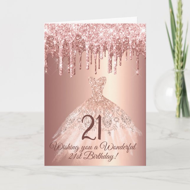 Chic Rose Gold Dripping Glitter Birthday Card (Front)