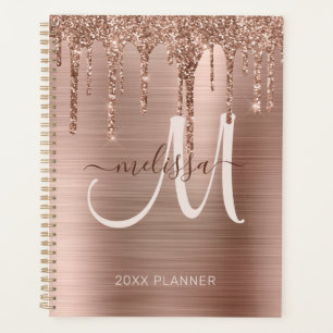 Chic Rose Gold Dripping Glitter Brushed Metal 2021 Planner
