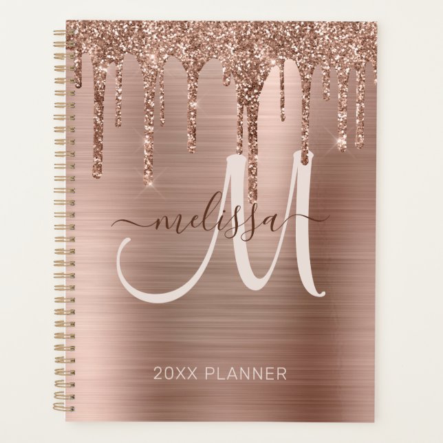 Chic Rose Gold Dripping Glitter Brushed Metal 2024 Planner (Front)