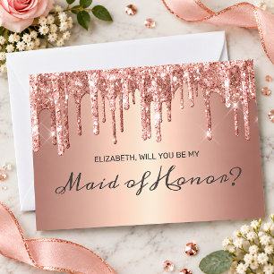 Chic Rose Gold Dripping Glitter Maid of Honour Invitation