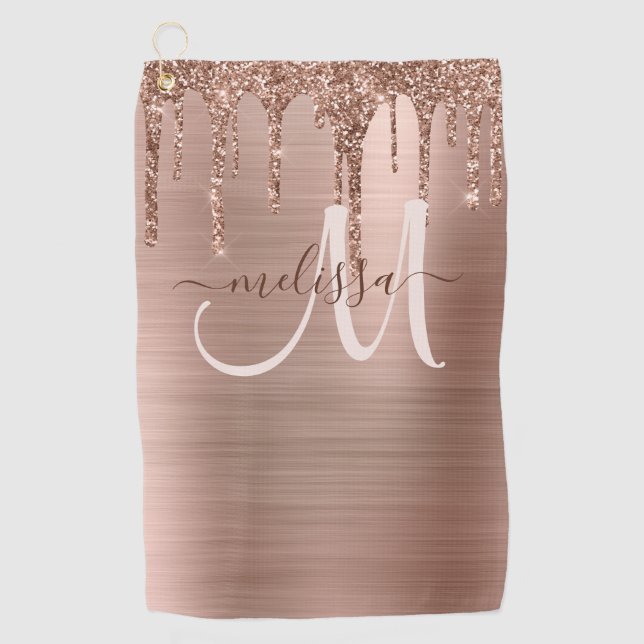 Chic Rose Gold Dripping Glitter Metal Monogram Golf Towel (Front)