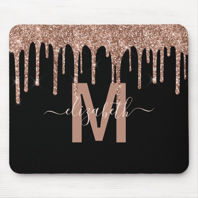 Chic Rose Gold Dripping Glitter Monogram Name Mouse Pad (Front)