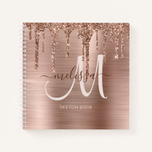 Chic Rose Gold Dripping Glitter Monogram Sketch Notebook