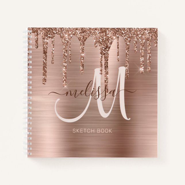 Chic Rose Gold Dripping Glitter Monogram Sketch Notebook (Front)