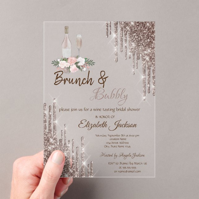Chic Rose Gold Drips Brunch & Bubbly Bridal Shower Acrylic Invitations (Insitu (Handheld))