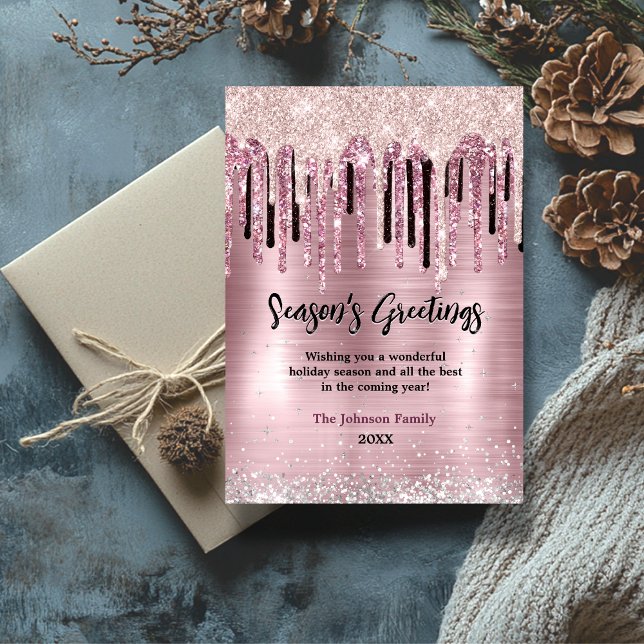 Chic rose gold drips new year Christmas greeting  Card (Creator Uploaded)
