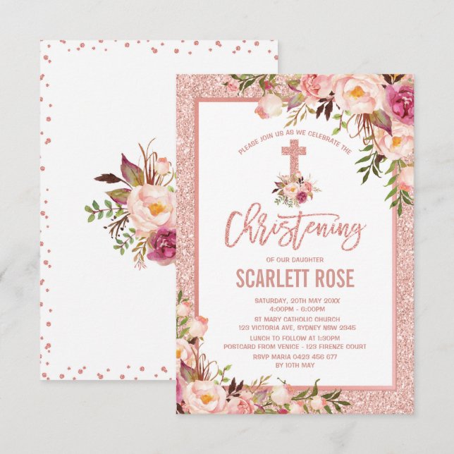 Chic Rose Gold Floral Christening Baby Girl Invitation (Front/Back)