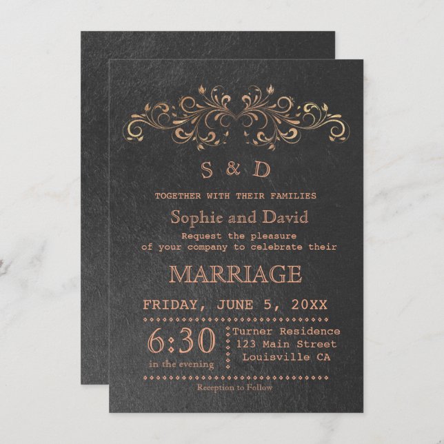 Chic Rose Gold Flourish Swirl Black Wedding Invite (Front/Back)