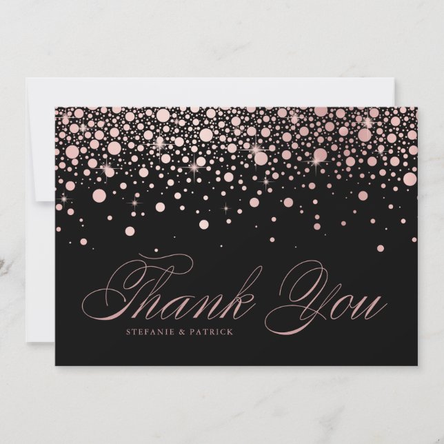 Chic Rose Gold Foil Confetti Drops Black Wedding Thank You Card (Front)