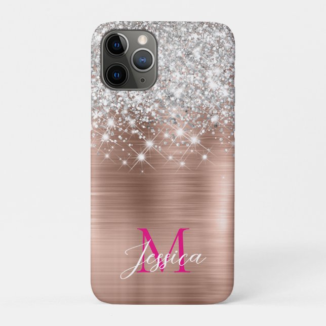 Chic Rose Gold Foil Faux Glitter Hot Pink Monogram Case-Mate iPhone Case (Back)