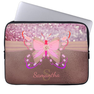 Chic Rose Gold Foil Faux Glittery Name Monogram Laptop Sleeve