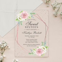 Chic Rose Gold Foil Floral Sweet 16 Birthday