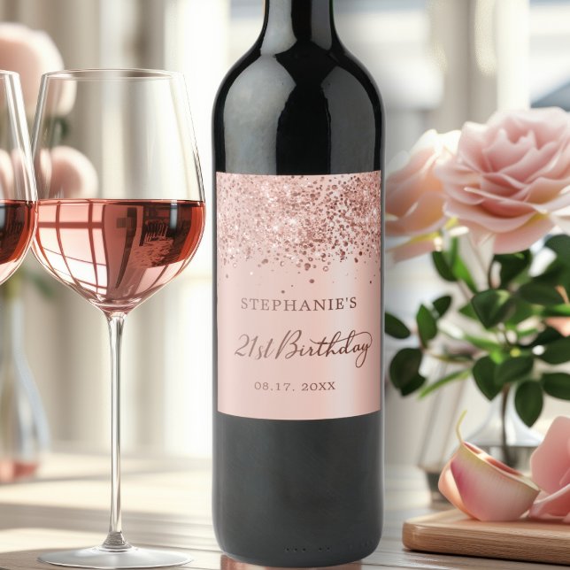 Chic Rose Gold Foil Glitter 21st Birthday Monogram Wine Label (Creator Uploaded)