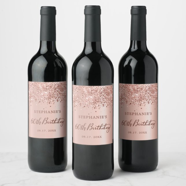 Chic Rose Gold Foil Glitter 60th Birthday Monogram Wine Label (Bottles)