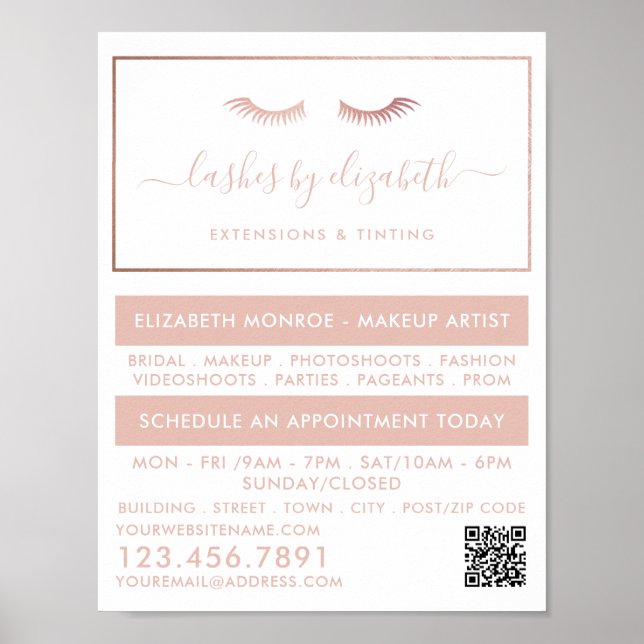 Chic Rose Gold Foil Lashes Beauty Makeup Artist Poster (Front)