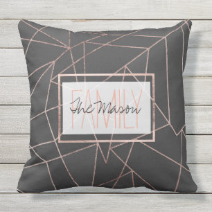 Chic Rose Gold Geo Outline Black Charcoal Monogram Outdoor Cushion