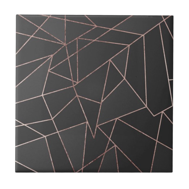 Chic Rose Gold Geometric Outline on Black Charcoal Tile (Front)