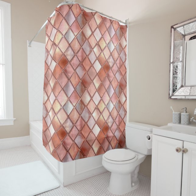 Chic Rose Gold Glam Tiles Shower Curtain (In Situ)
