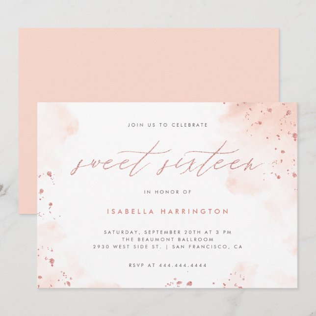 Chic Rose Gold Glitter Blush Pink Ombre Sweet 16 Invitation (Front/Back)