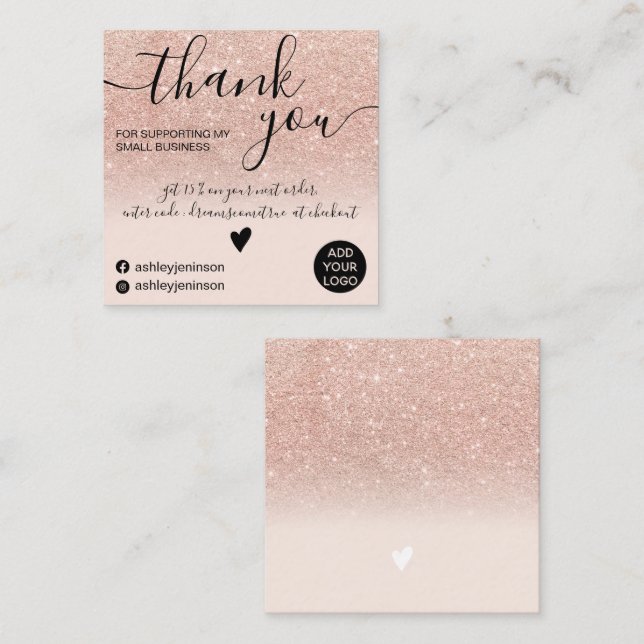 Chic rose gold glitter blush pink order thank you square business card (Front/Back)