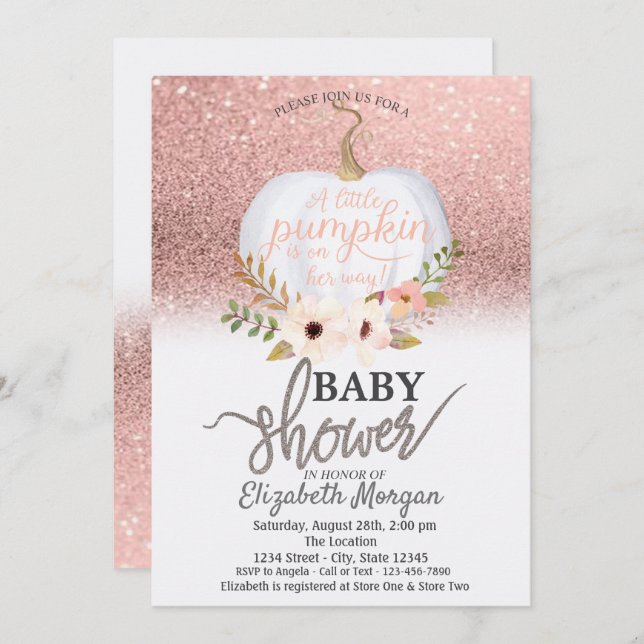 Chic Rose Gold Glitter Bokeh, Pumpkin Baby Shower Invitation (Front/Back)
