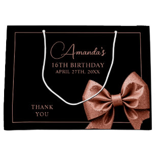 Chic Rose Gold Glitter Bow Sweet 16 Birthday Large Gift Bag