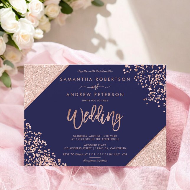 Chic Rose gold glitter confetti navy blue wedding Invitation (Chic Rose gold glitter confetti navy blue wedding Invitation)