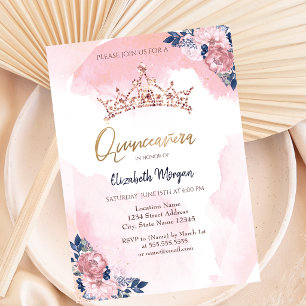 Chic Rose Gold Glitter Crown Flowers Quinceanera Invitation