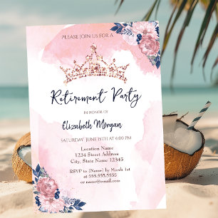 Chic Rose Gold Glitter Crown Flowers Retirement  Invitation