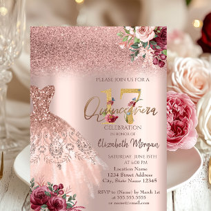 Chic Rose Gold Glitter Dress Floral Quinceañera Invitation