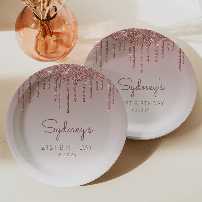 Chic Rose Gold Glitter Drip 21st Birthday Party Paper Plate (Creator Uploaded)