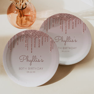 Chic Rose Gold Glitter Drip 80th Birthday Party Paper Plate