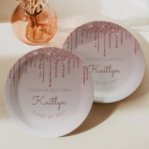 Chic Rose Gold Glitter Drip Graduation Party Paper Plate