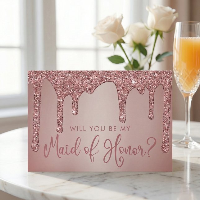 Chic Rose Gold Glitter Drips Maid of Honour Invitation (Creator Uploaded)