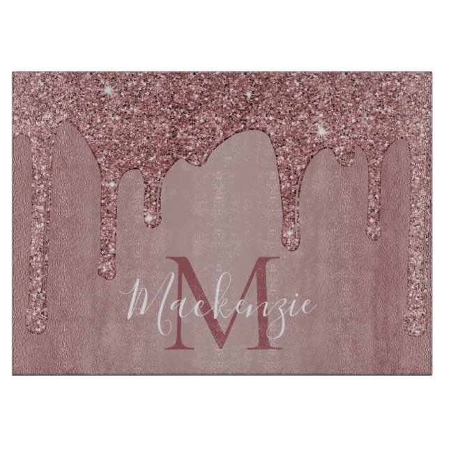 Chic Rose Gold Glitter Drips Monogram Cutting Board (Front)