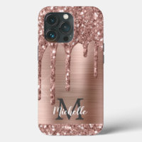 Chic Rose Gold Glitter Drips Monogram Pink Metal  