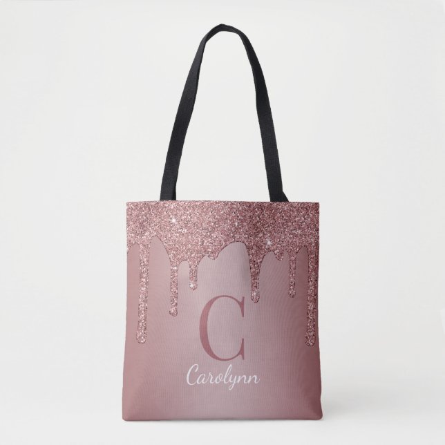 Chic Rose Gold Glitter Drips Monogram Tote Bag (Front)