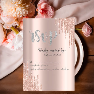 Chic Rose Gold Glitter Drips Silver RSVP Invitation
